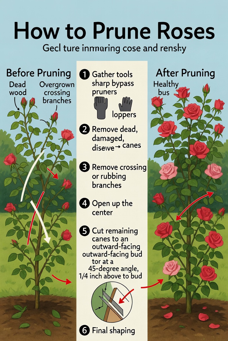 Learn how to prune roses like a pro with this easy step-by-step infographic. Discover the best techniques to remove dead wood, open up the center, and make clean cuts for stronger, more beautiful rose bushes.