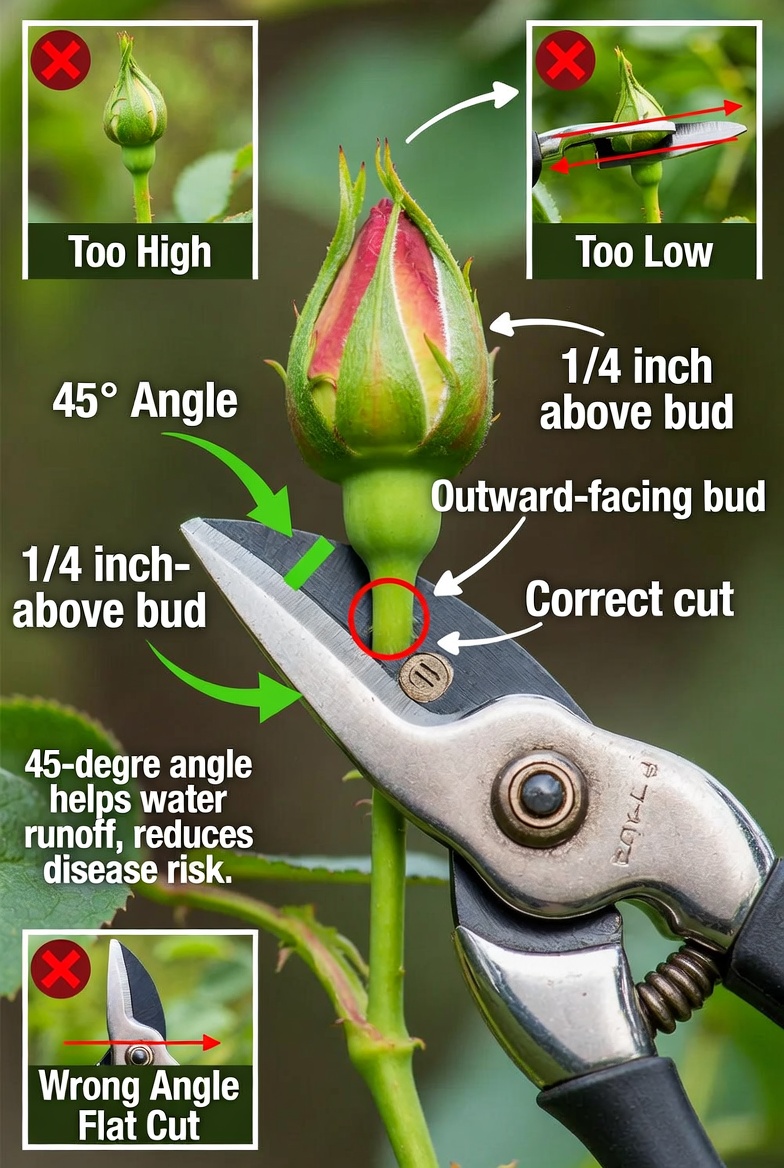 Master the proper technique: Learn how to make the perfect 45-degree angled cut when pruning roses. Cutting 1/4 inch above an outward-facing bud at this angle helps prevent disease and promotes strong new growth.